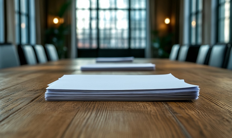 In una stanza , tre plichi di fogli bianchi sono appoggiati su una lunga scrivania