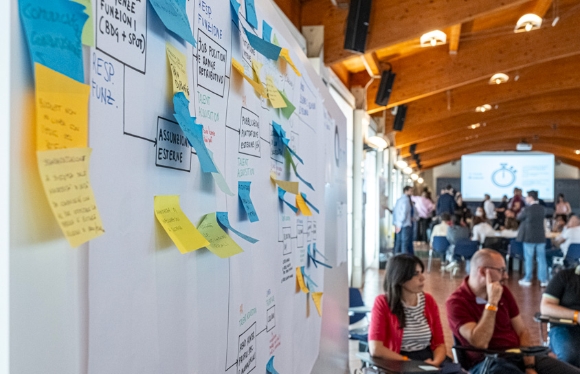 Una lavagna con post-it e persone sedute sullo sfondo