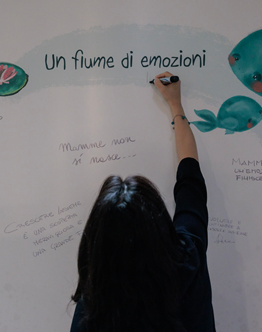 Una dipendente Acea scrive qualcosa su una parete bianca su cui è stampata la frase "Un fiume di emozioni" 