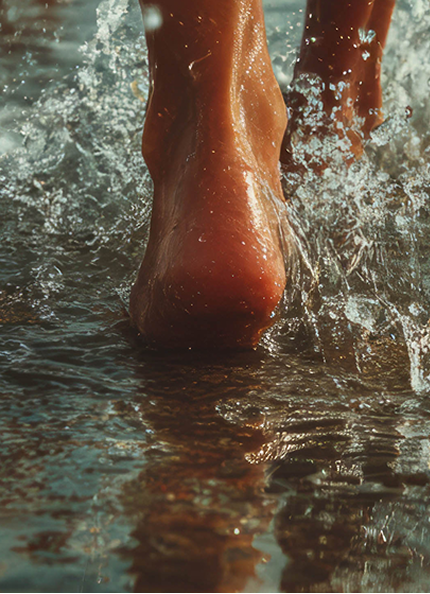 Primo piano posteriore di un piede che cammina in spiaggia, in acqua