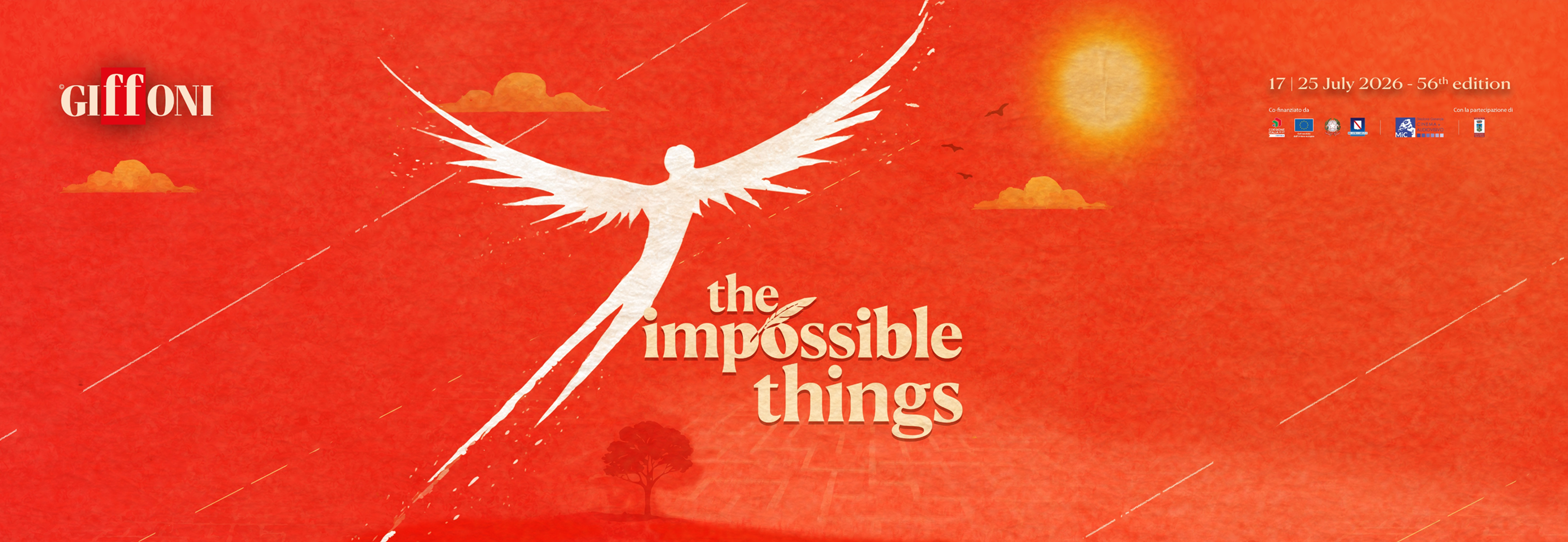 Logo Giffoni Film Festival e illustrazione di una figura alata bianca su sfondo arancione, con il claim 'The Impossible Things' e le date 17-25 luglio 2026, 56ª edizione.