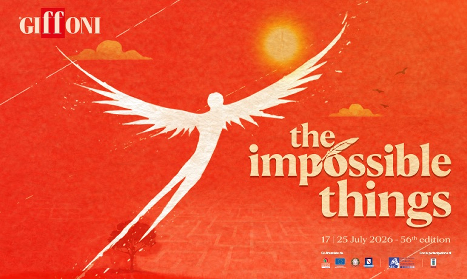 The Giffoni Film Festival logo and an illustration of a white winged figure on an orange background, with the tagline “The Impossible Things” and the dates July 17–25, 2026, 56th edition.