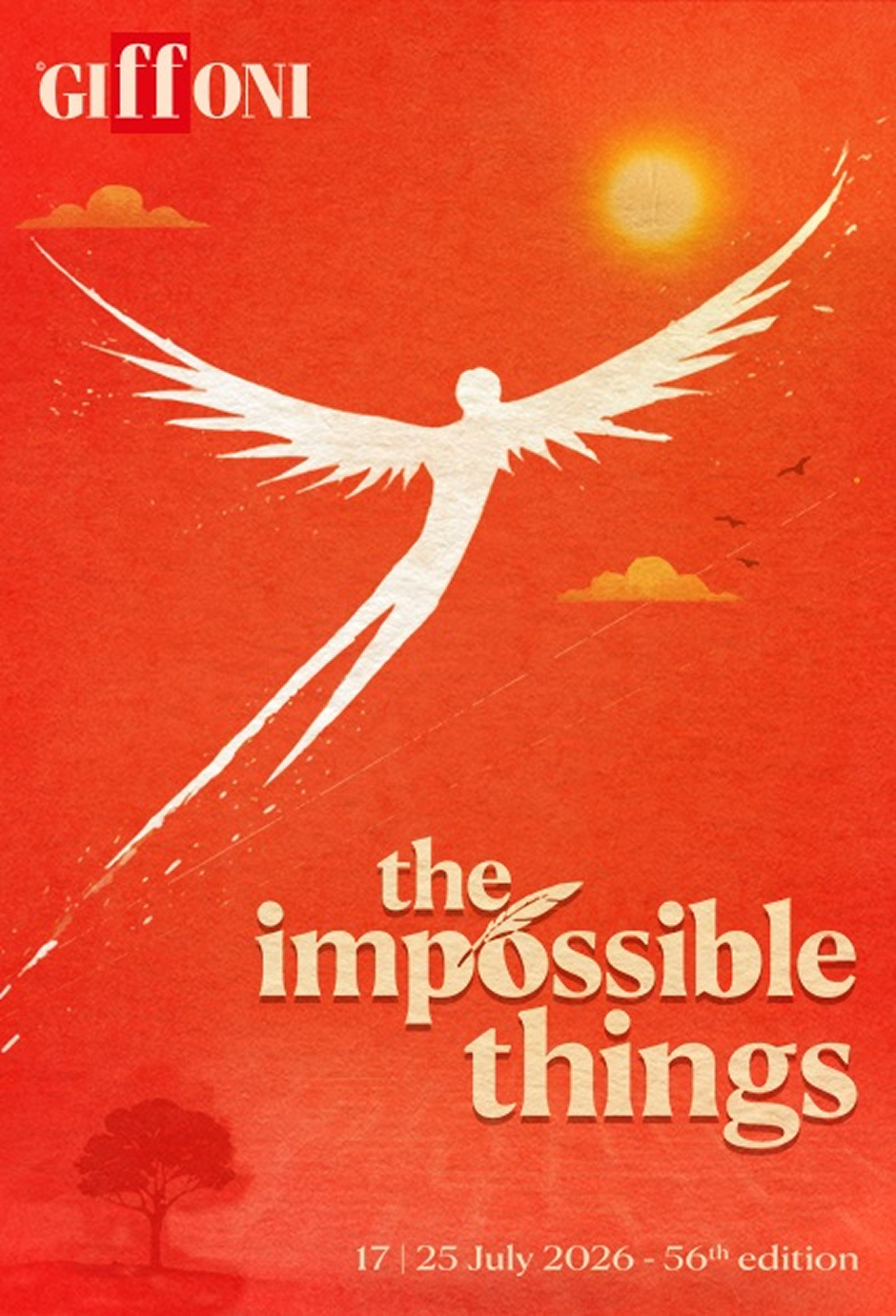 The Giffoni Film Festival logo and an illustration of a white winged figure on an orange background, with the tagline “The Impossible Things” and the dates July 17–25, 2026, 56th edition.