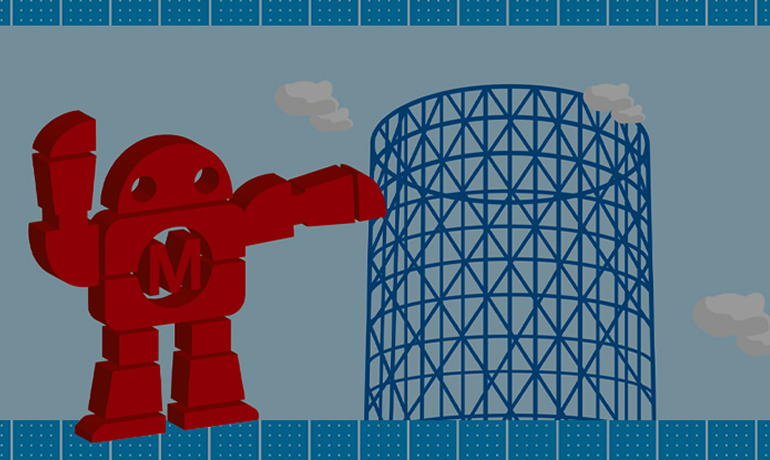 logo della maker faire rappresentato da un robot rosso con una M al centro e il gazometro sullo sfondo