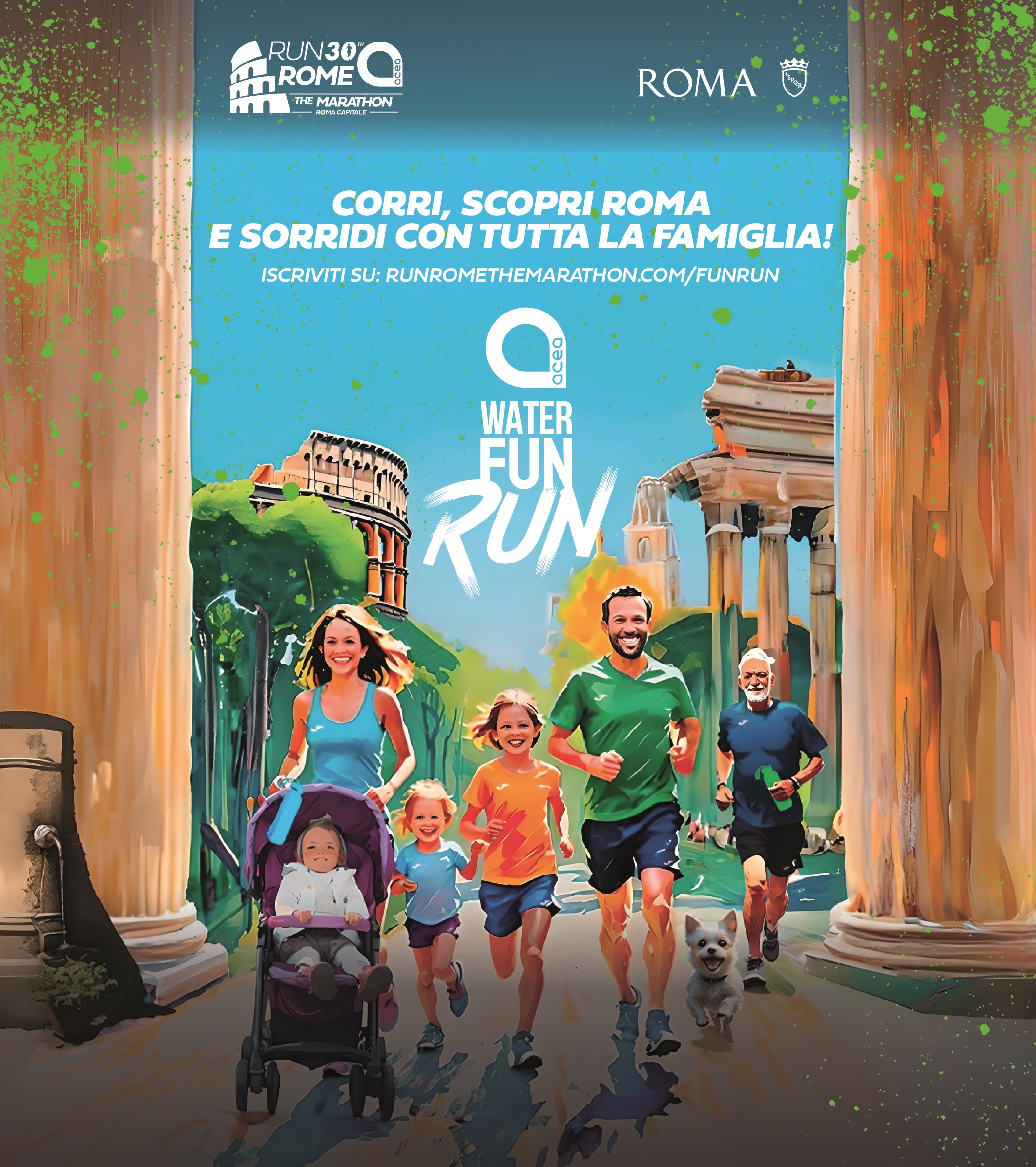 Locandina dell'evento "Water Fun Run" in cui si vede una famiglia con bambini che corre e lo slogan "corri, scopri Roma e sorridi con tutta la famiglia!"
