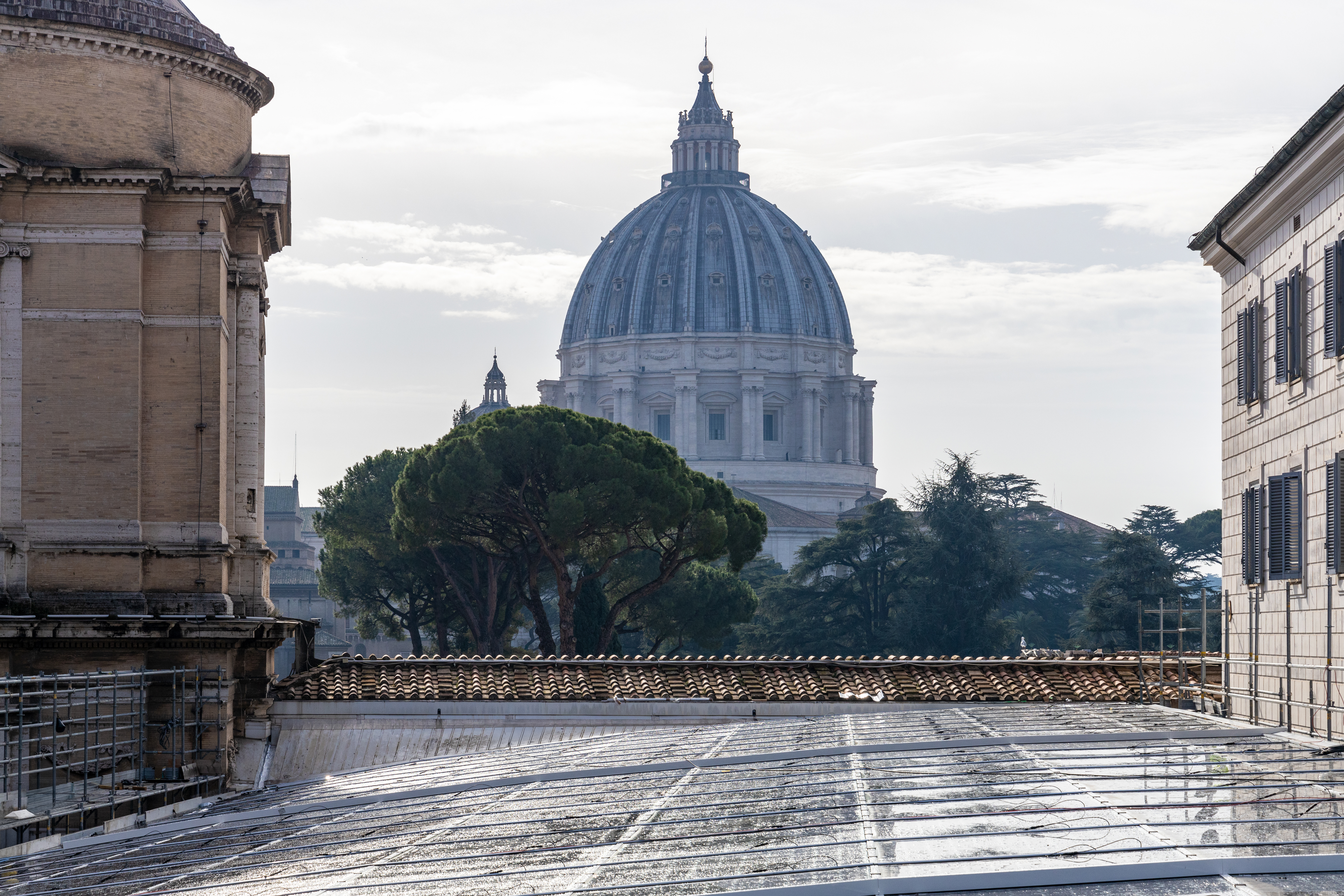 close-up of photovoltaic panels and the Vatican in the background