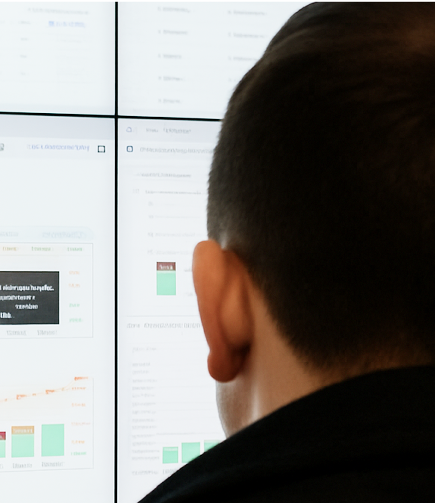 Dipendente Acea, di spalle, guarda lo schermo di un computer che mostra dati e grafici