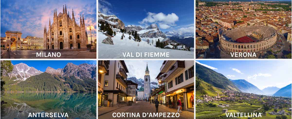 Collage di 6 foto delle città in cui si svolgeranno i Giochi. Raffigurate Milano, Cortina d'Ampezzo, Verona, Valtellina, Val di Fiemme e Anterselva.