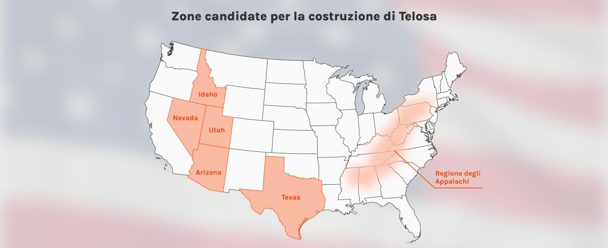 Mappa degli Stati Uniti in cui sono evidenziati Idaho, Nevada, Utah, Arizona, Texas e la regione degli Appalachi, luoghi candidati per ospitare Telosa. 