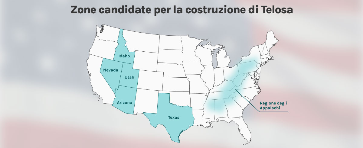 Mappa degli Stati Uniti in cui sono evidenziati Idaho, Nevada, Utah, Arizona, Texas e la regione degli Appalachi, luoghi candidati per ospitare Telosa. 
