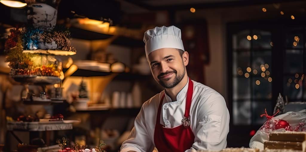 Chef che sorride con decorazioni natalizie