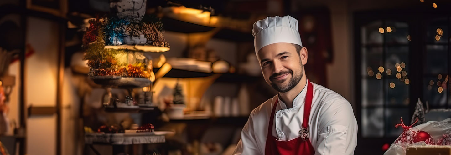 Chef che sorride con decorazioni natalizie