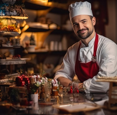 Chef che sorride con decorazioni natalizie