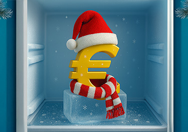 Simbolo dell'euro in abiti natalizi nel congelatore