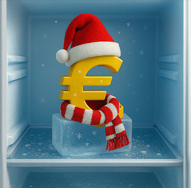 Simbolo dell'euro in abiti natalizi nel congelatore