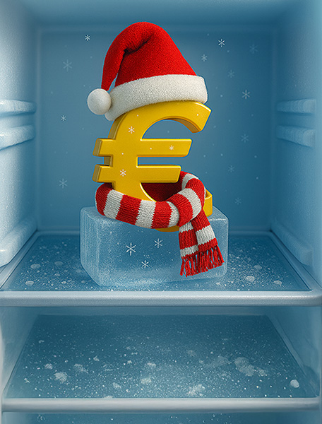 Simbolo dell'euro in abiti natalizi nel congelatore