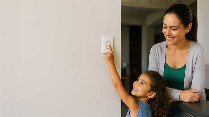 Padre e figlio che cambiano una lampadina