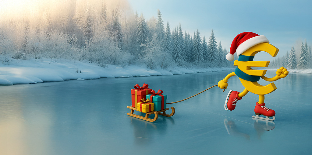 Euro in abiti natalizi che pattina sul ghiaccio