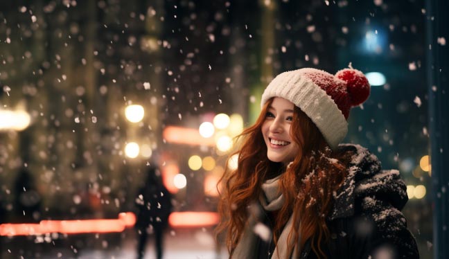 Ragazza che sorride sotto la neve