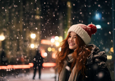 Ragazza che sorride sotto la neve