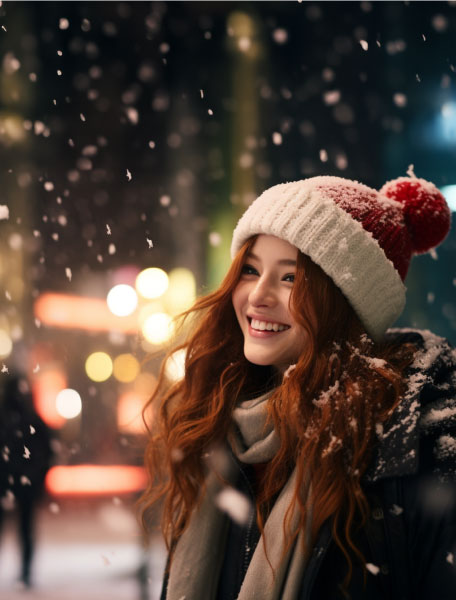 Ragazza che sorride sotto la neve