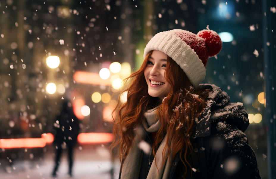 Ragazza che sorride sotto la neve