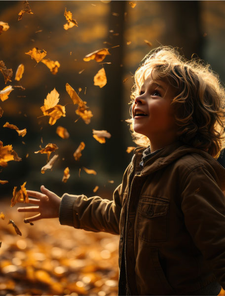 Bambino sorridente in un paesaggio autunnale