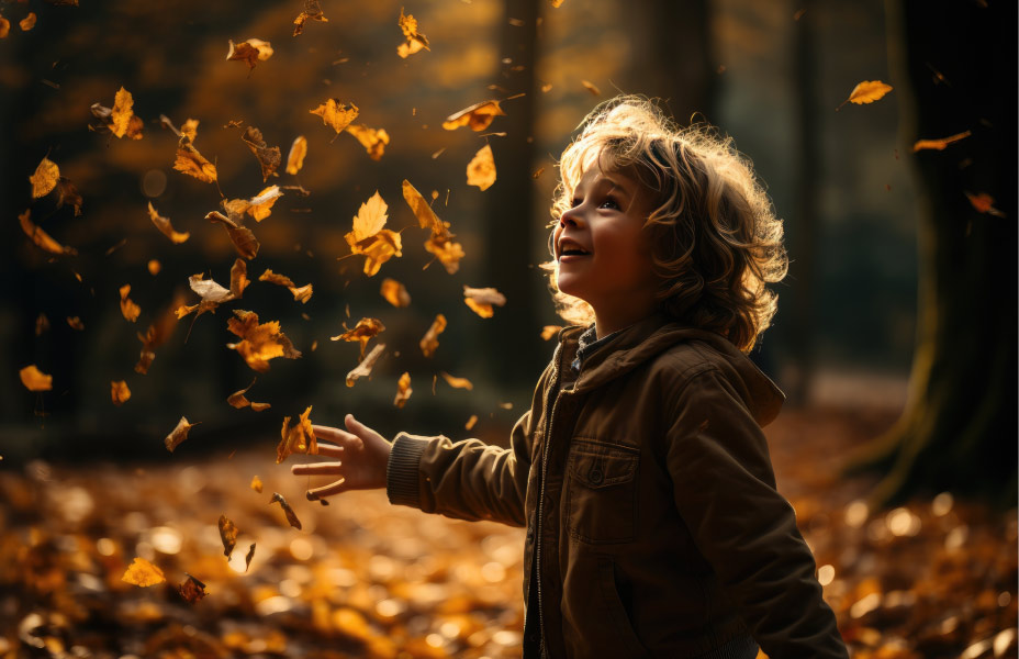 Bambino sorridente in un paesaggio autunnale