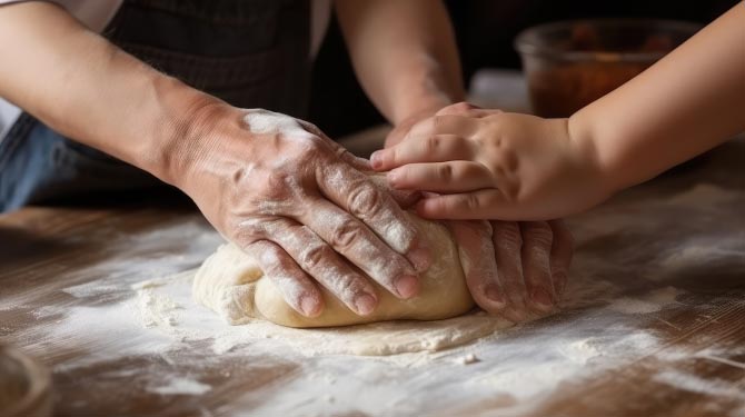 Mani di adulto e bambino che impastano